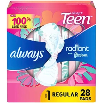 Always Radiant FlexFoam Teen Pads Regular Absorbency, 100% Leak Free Protection