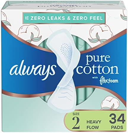 Always Pure Cotton Feminine Pads for Women, Size 2, Heavy Flow