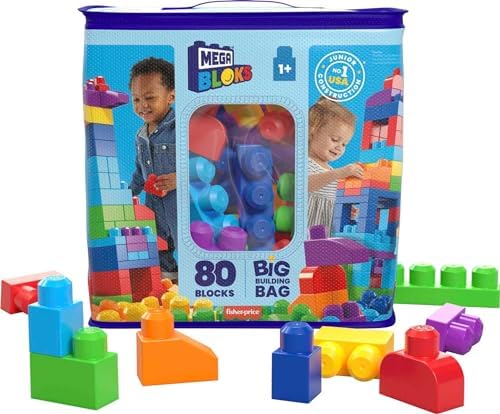 MEGA BLOKS Fisher-Price Toddler Block Toys, Big Building Bag with 80 Pieces