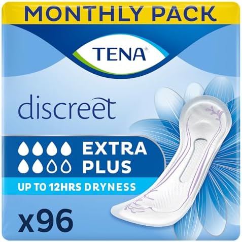 TENA Discreet Extra Plus, 96 Incontinence Pads (16 X 6 Packs) Individually
