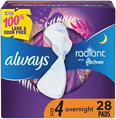 Always Radiant FlexFoam Pads for Women, Size 4, Overnight Absorbency, 100% Leak