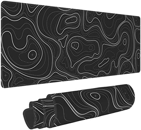 Large Gaming Mouse Pad Black Topographic Contour Mouse Pad with Stitched Edges