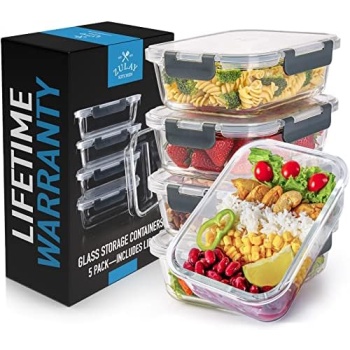 Zulay Kitchen 5 Pack Leak-Proof Glass Food Storage Containers - 36 oz Thick