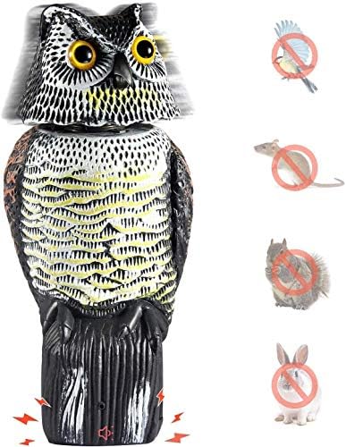 Ohuhu Horned Owl Decoy with 3 Different Tweets & Rotating Head, Fake Owl Scarecrow Statue