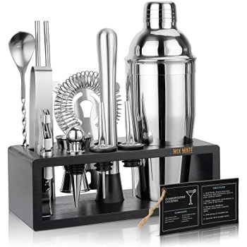 Mixology Bartender Kit with Stand | 15 Piece Bar Tool Set, Silver Bar Set